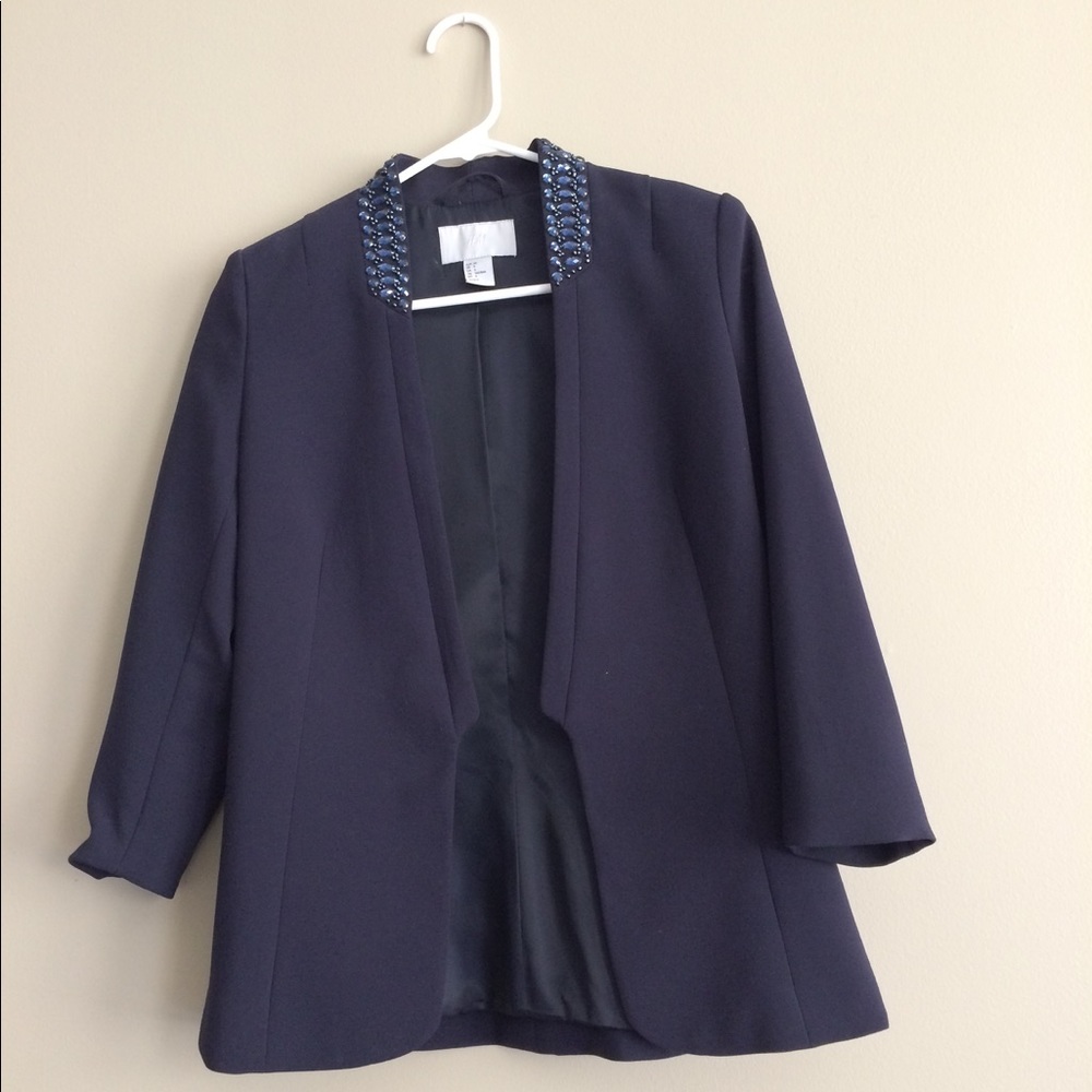 H&M NWOT Women Navy Blue Rhinestone Office Blazer Size 6